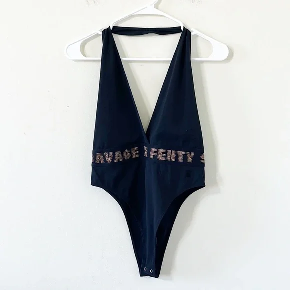 Savage X Fenty Rose Gold Logo Halter Plunge Bodysuit Black Caviar Size M - Picture 2 of 11
